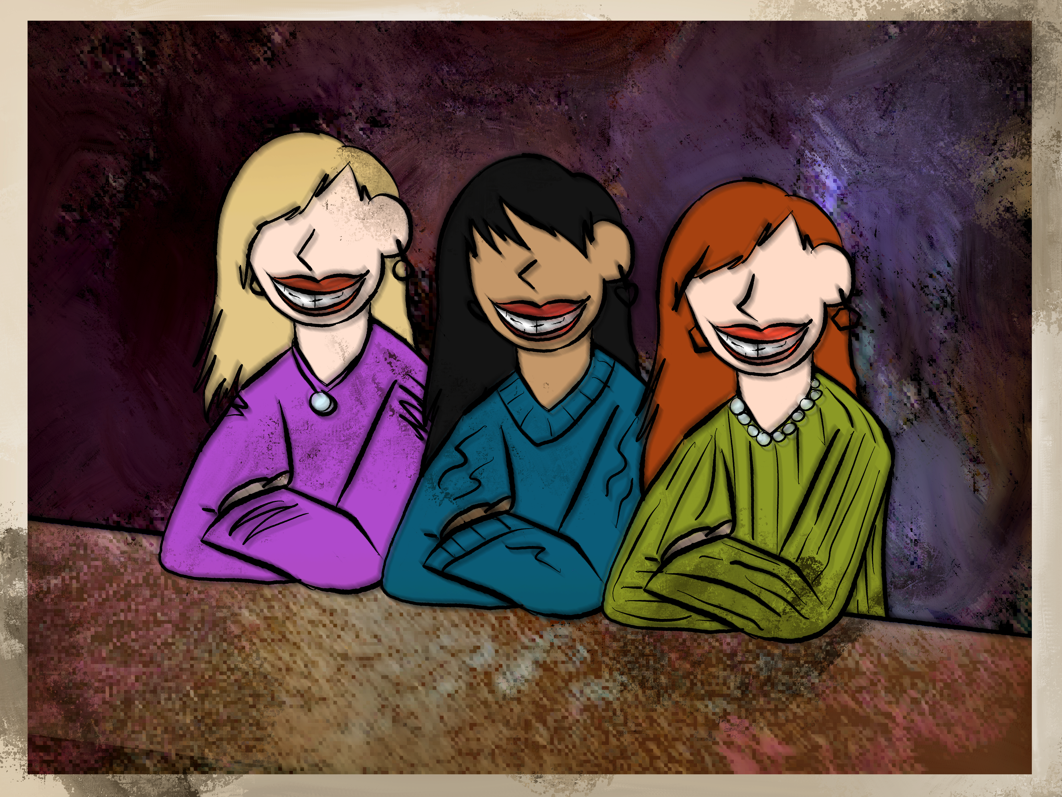 three similar looking women sitting with their arms crossed and 
    smiling in a weird colored room. The one on the left is blonde with a 
    magenta shirt and circle earrings. The center one has black hair and 
    heart earrings. The right one has orange hair and hexagon earrings.  hm
